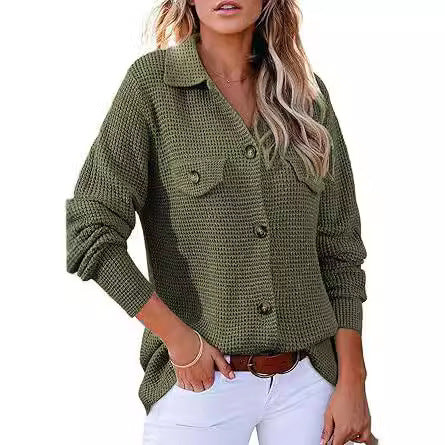 Damen modischer Waffle-Pullover mit Knöpfen Drune