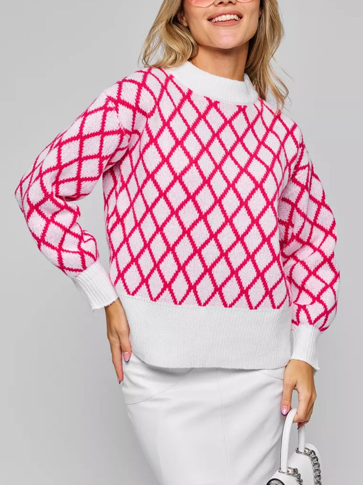 Damen gestrickter Pullover mit modernem Rautenmuster und innovativem Schnitt Drune