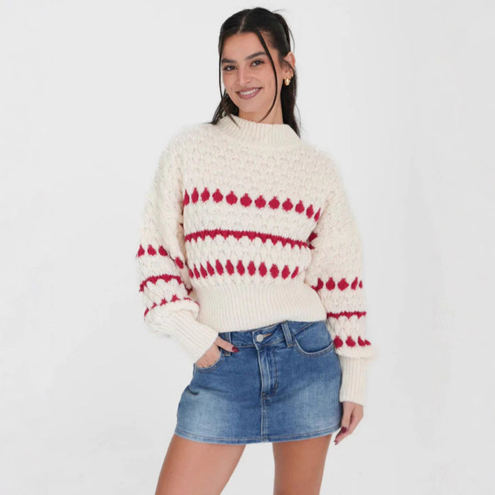 Damen Strickpullover mit modernem Zopfmuster und voluminösen Ärmeln Drune