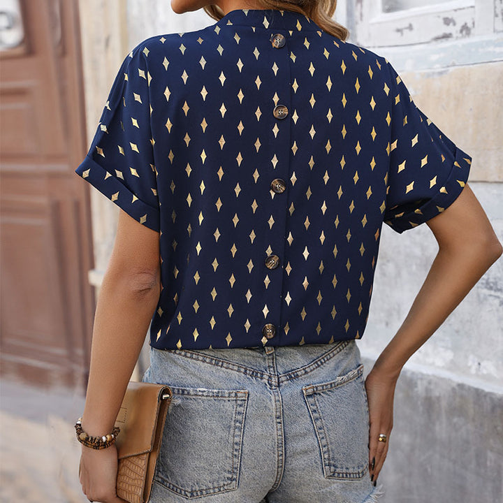 Damen Kurzarmbluse mit modernem geometrischen Muster und elegantem V-Ausschnitt Drune