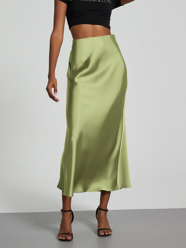 Damen Stilvolle Satin-Stretchrock mit hohem Bund und fließendem Schnitt Drune