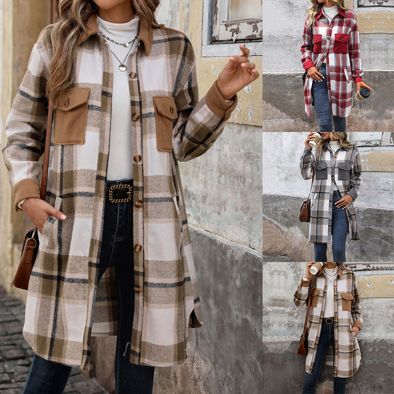 Damen karierte Langarmjacke mit praktischen Taschen und modernem Schnitt Drune