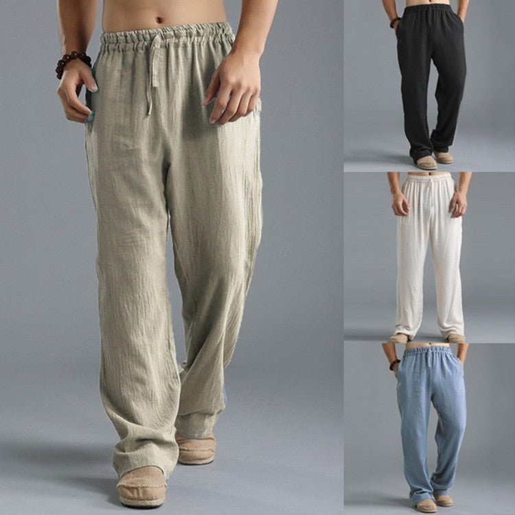 Herren nan lässige Leinenhose mit elastischem Bund, Kordelzug und geradem Bein Drune