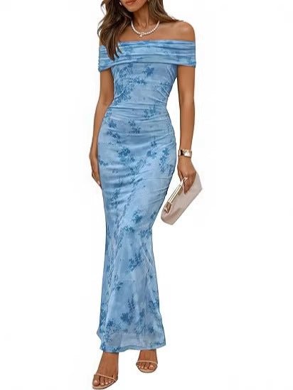 Damen elegantes Off-Shoulder Maxikleid mit floralem Muster und elastischem Einsatz Drune