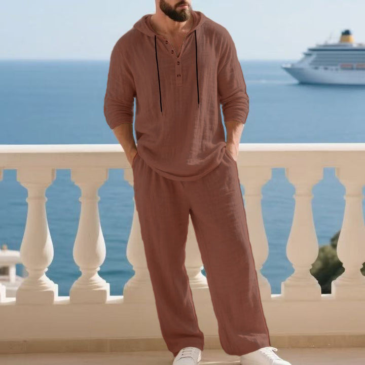 Herren nan lässiges Leinenzweiteiler-Set mit Kapuzenhemd im Henley-Stil und weiten Freizeit-Hosen Drune