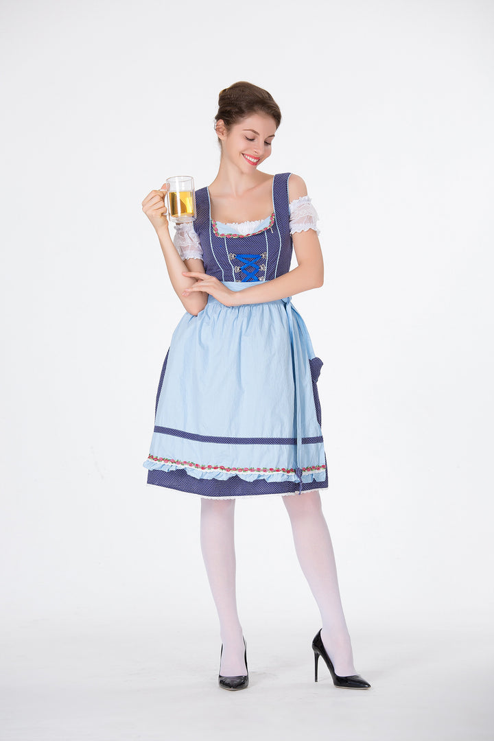 Damen nan bayerisches Trachtenkleid mit gepunktetem Mieder, Spitzeneinsätzen und geraffter Schürze Drune
