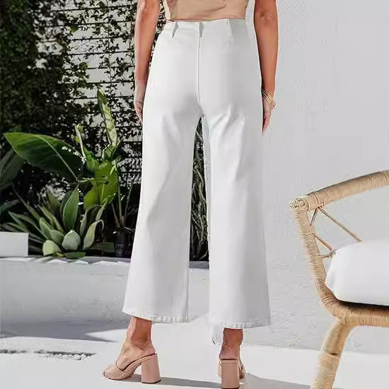 Damen Hochgeschnittene Denim-Hose mit Knopfverschluss und weitem Bein Drune