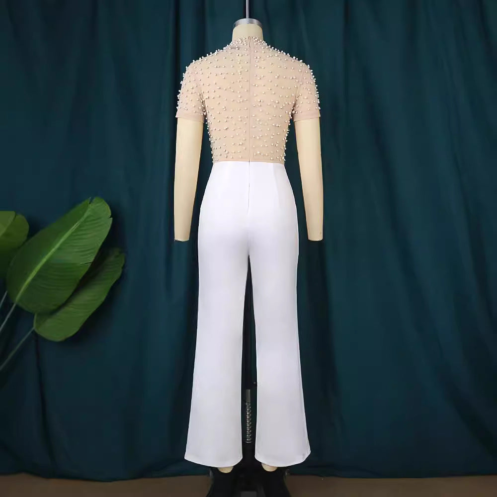 Damen eleganter Jumpsuit mit schimmerndem Perlen-Besatz Drune