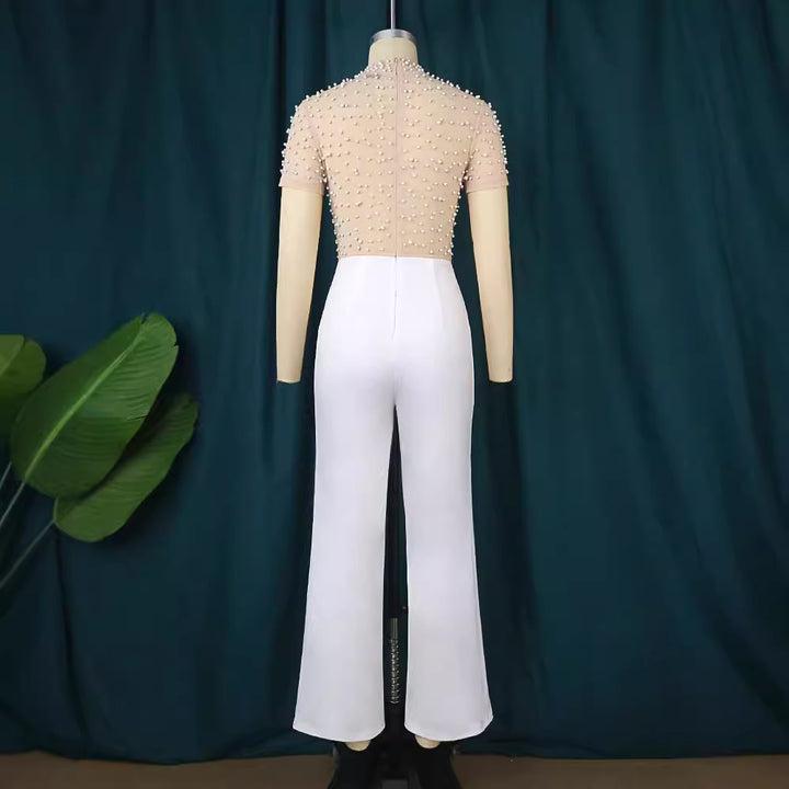 Damen eleganter Jumpsuit mit schimmerndem Perlen-Besatz Drune