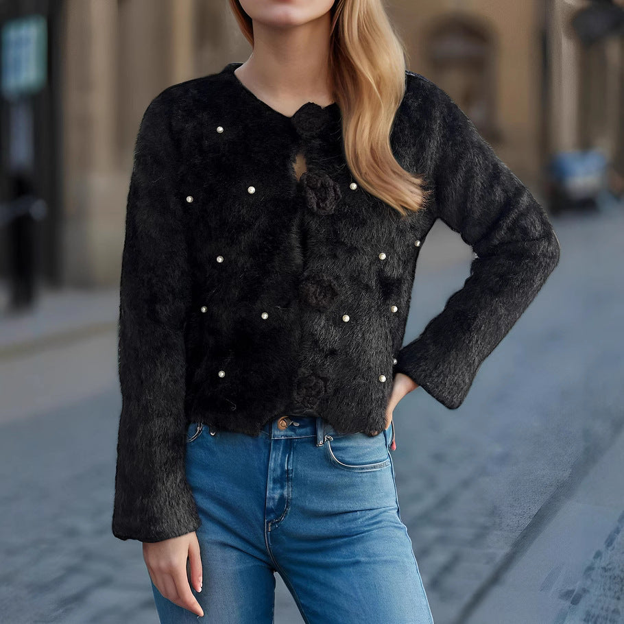 Damen feine Strickjacke mit Blumenapplikationen und Perlenakzenten Drune