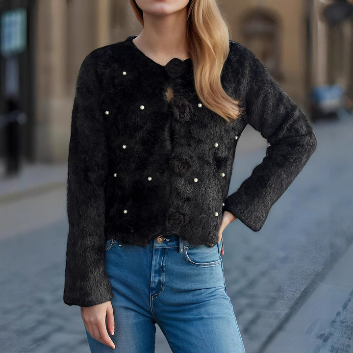 Damen feine Strickjacke mit Blumenapplikationen und Perlenakzenten Drune