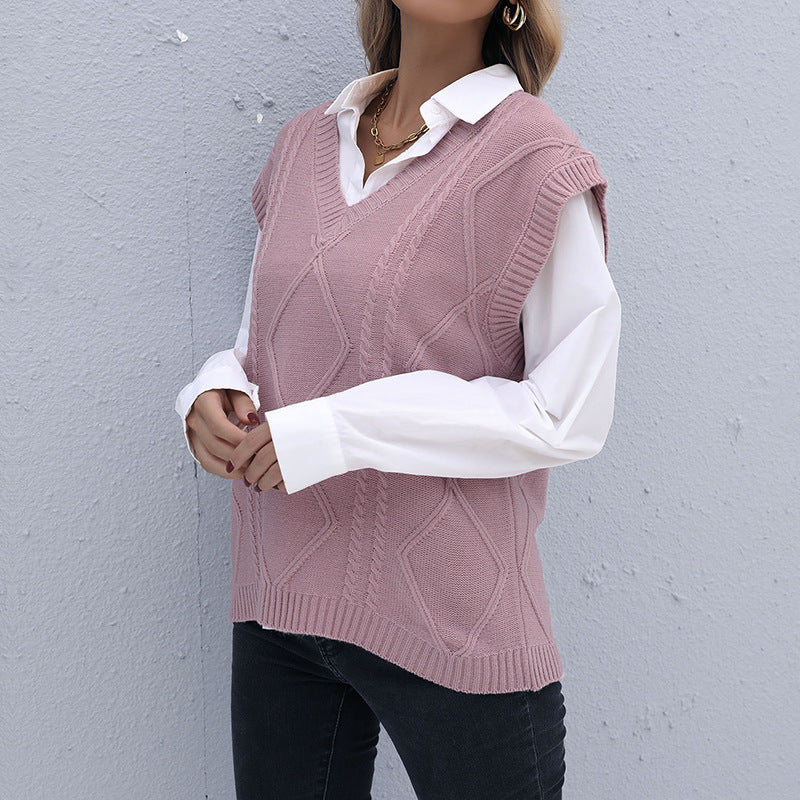 Damen Strickweste mit V-Ausschnitt und strukturiertem Rautenmuster Drune
