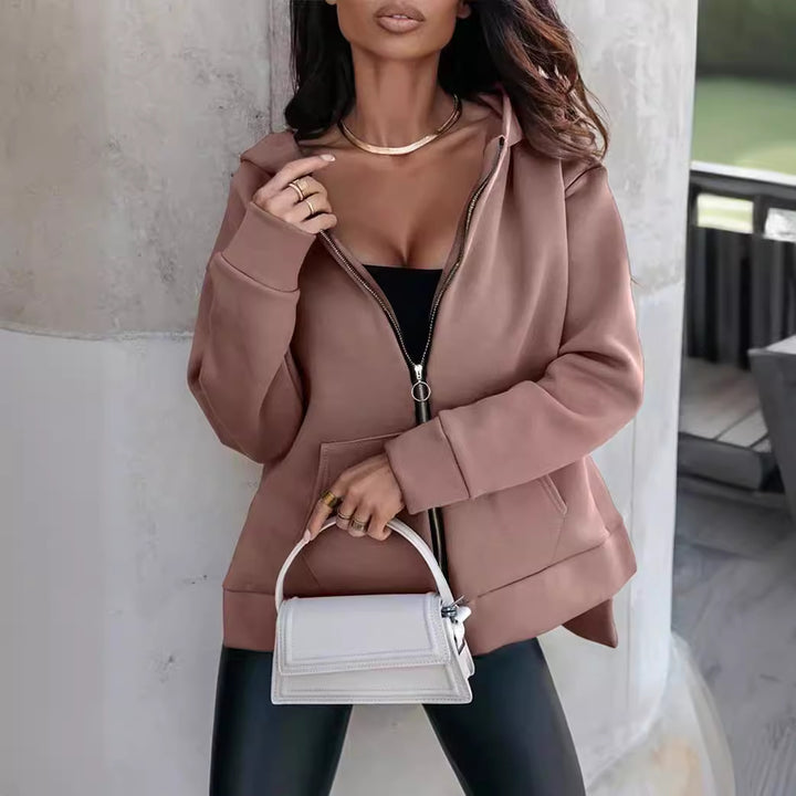 Damen Modischer Kapuzen-Zip-Hoodie mit praktischen Taschen und glänzendem Reißverschluss Drune