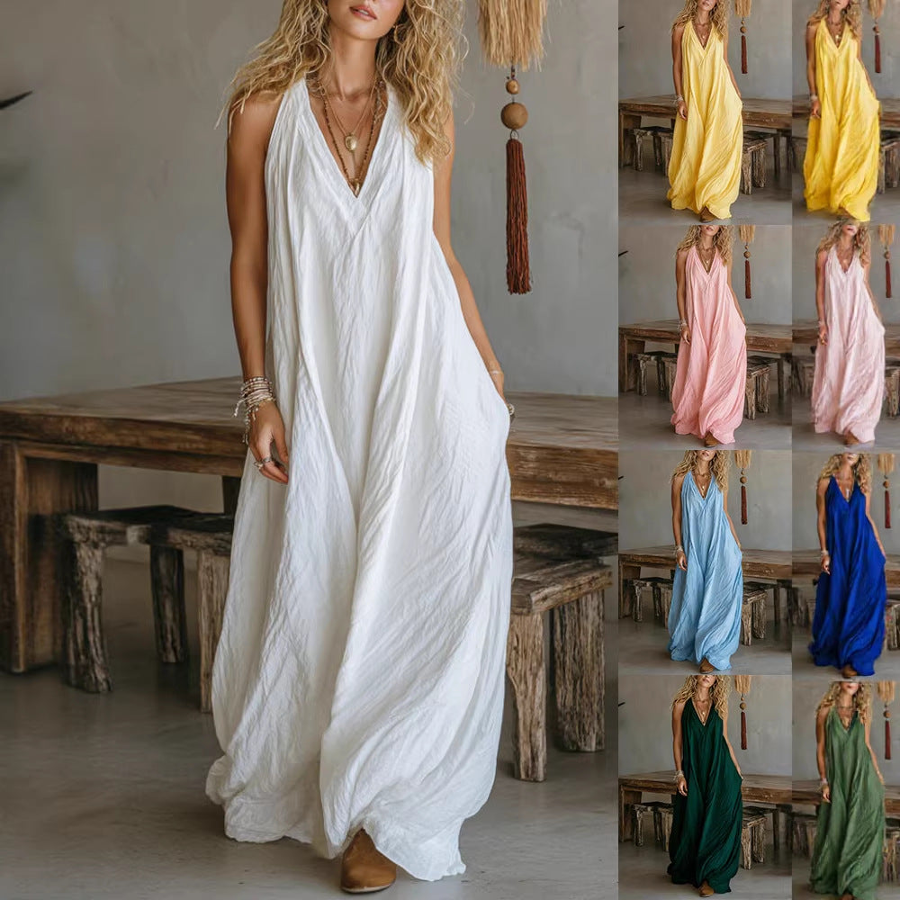 Damen Luftiges Maxikleid mit tiefem V-Ausschnitt Drune