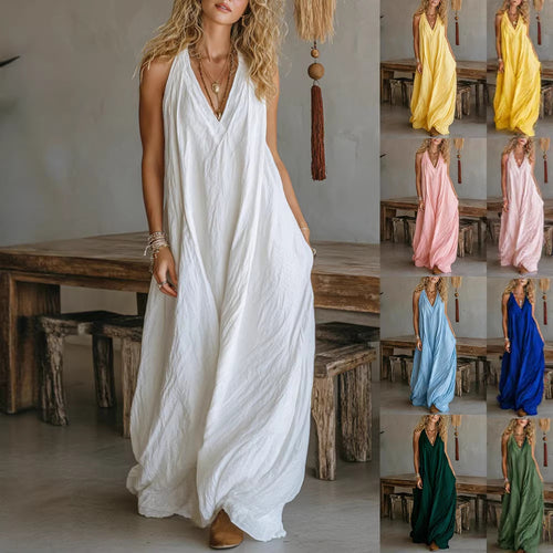 Damen Luftiges Maxikleid mit tiefem V-Ausschnitt Drune