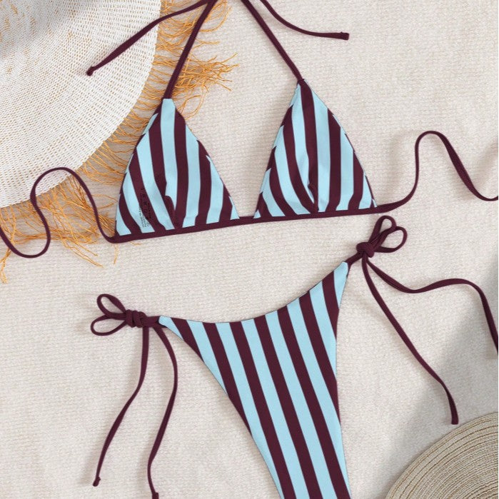 Damen Triangel-Bikini mit verstellbarem Bindeband und modischem Streifenmuster Drune