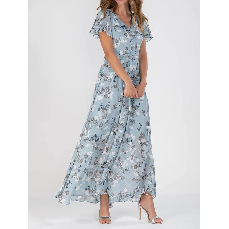 Damen Maxikleid mit floralem Chiffon und elegantem V-Ausschnitt Drune