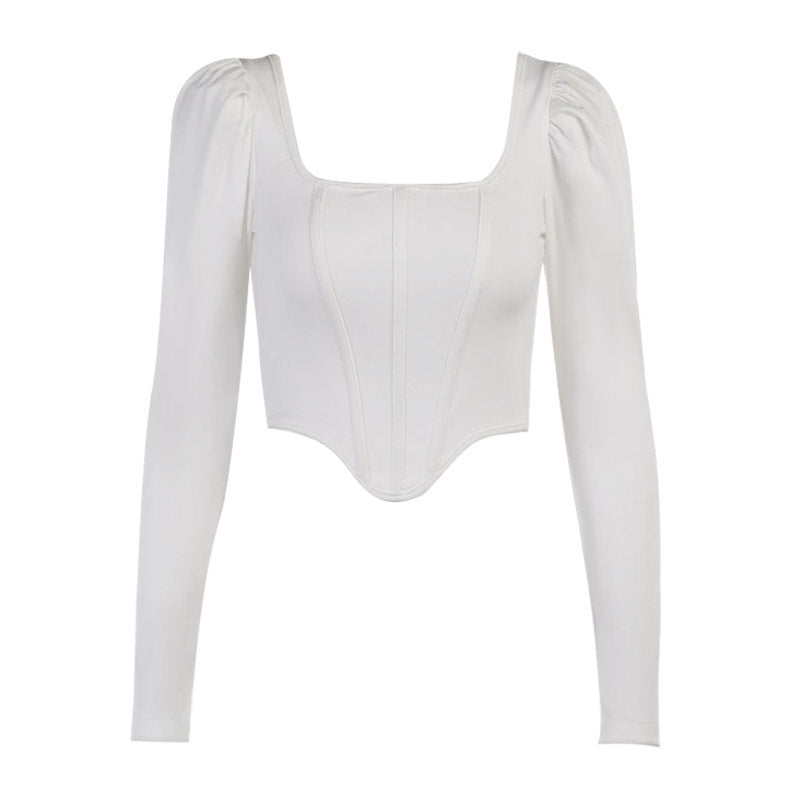 Damen tailliertes Oberteil mit eleganten Puffärmeln und quadratischem Ausschnitt Drune
