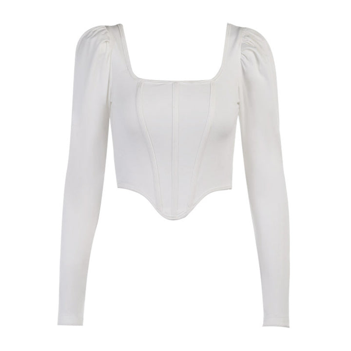 Damen tailliertes Oberteil mit eleganten Puffärmeln und quadratischem Ausschnitt Drune