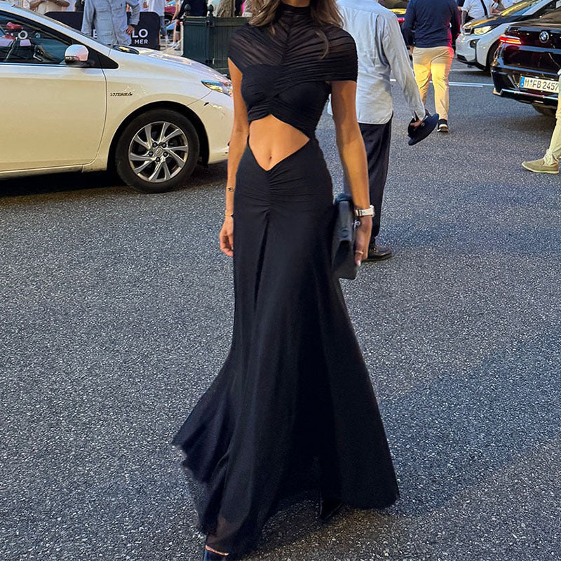 Damen Elegantes Maxikleid mit Raffungen und durchsichtigem Oberteil Drune