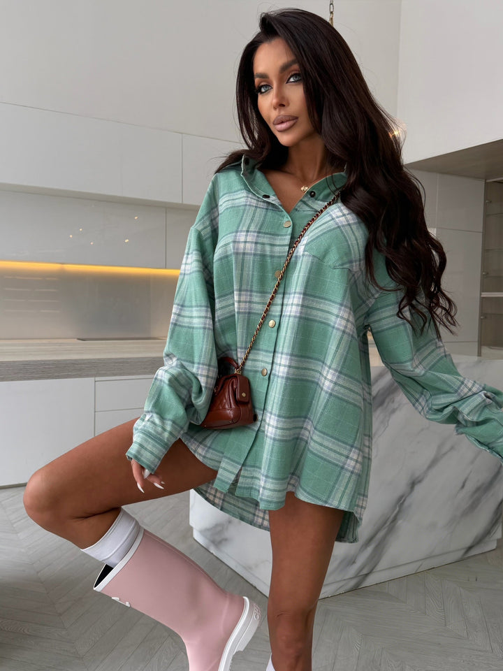 Damen lässige Karobluse mit langen Ärmeln und Knopfdetail Drune