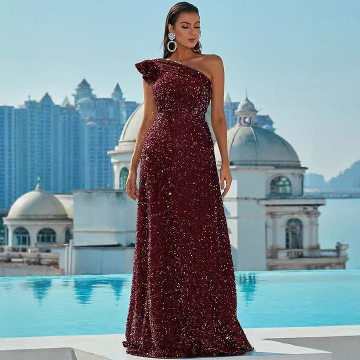 Damen Glamouröses Abendkleid mit asymmetrischem Design und Paillettenbesatz Drune