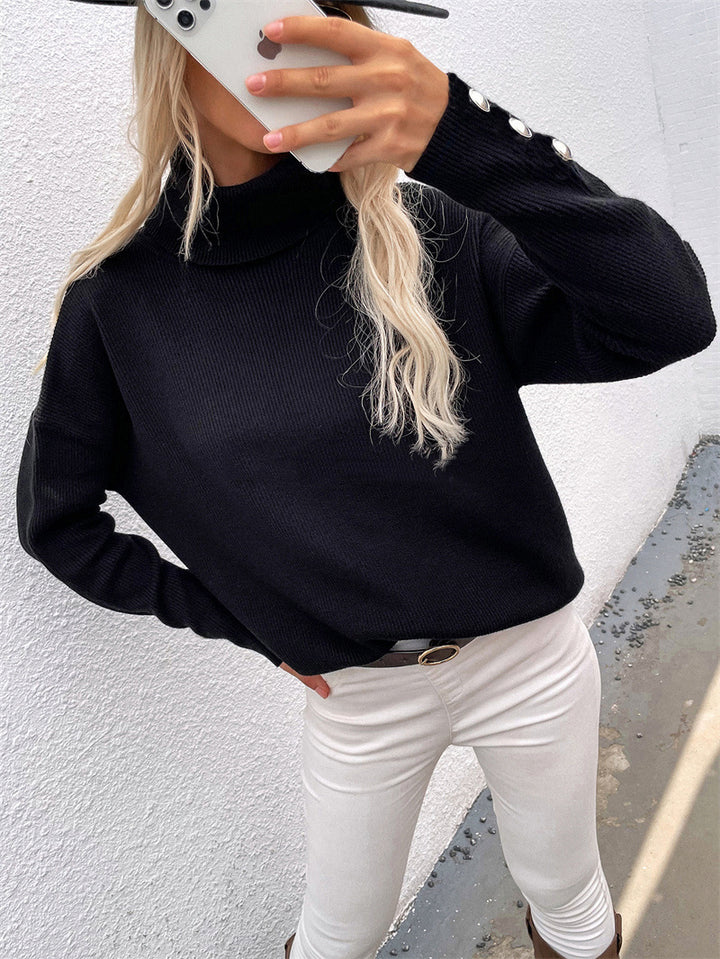 Damen Rollkragenpullover mit gestreiftem Design und dekorativen Knöpfen Drune