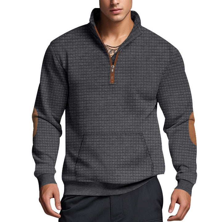 Herren nan gesteppter Halbzip Pullover mit Reißverschlusskragen und Kunstleder-Ellbogenpatches Drune
