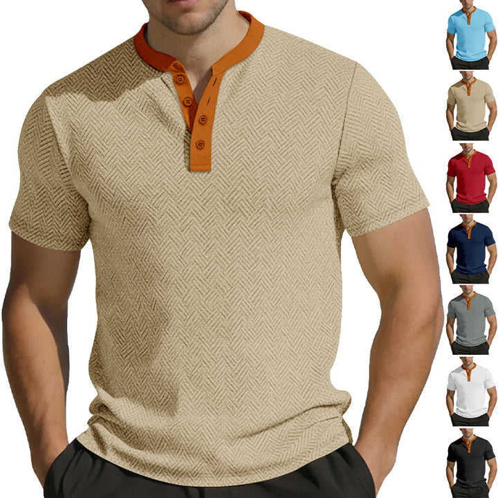 Herren nan schlankes Kurzarm-Henley-Poloshirt mit Mandarin-Kragen und feiner Jacquardstruktur Drune