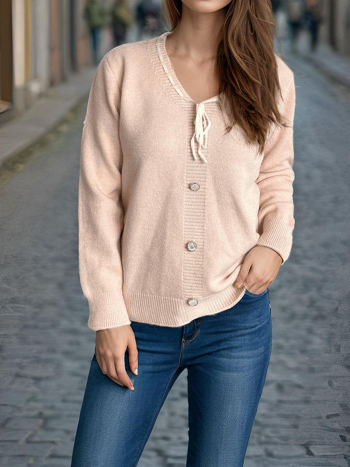 Damen modischer Strickpullover mit verspieltem Bindeband und dekorativen Knöpfen Drune
