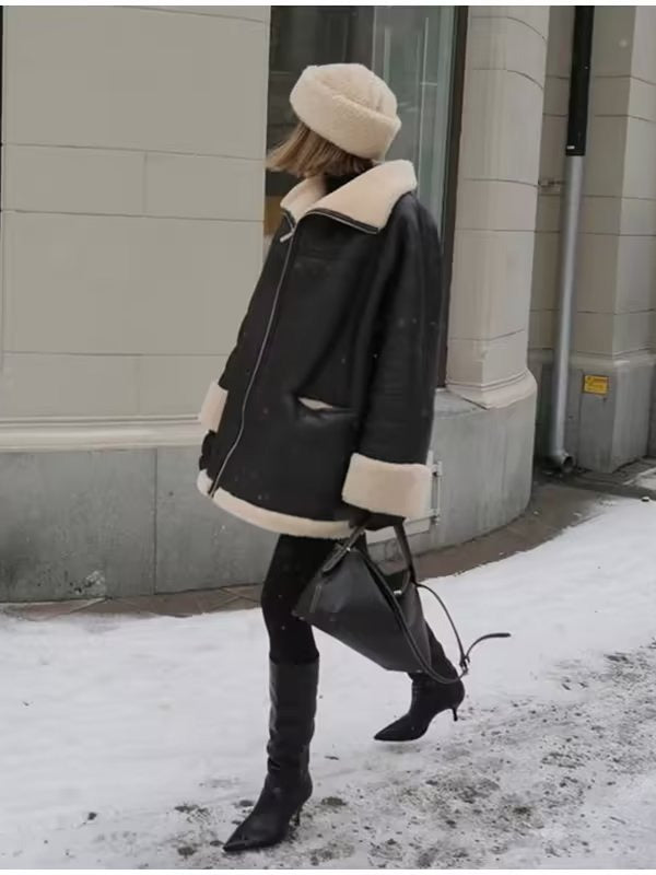 Damen Kunstlederjacke mit kuscheligem Innenfutter und hohem Kragen Drune