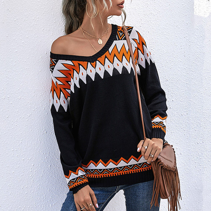 Damen lässiger Strickpullover mit asymmetrischem Ausschnitt und kunstvollen Mustern Drune