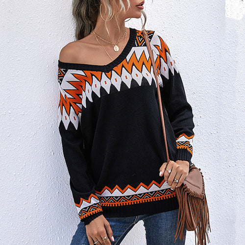 Damen lässiger Strickpullover mit asymmetrischem Ausschnitt und kunstvollen Mustern Drune