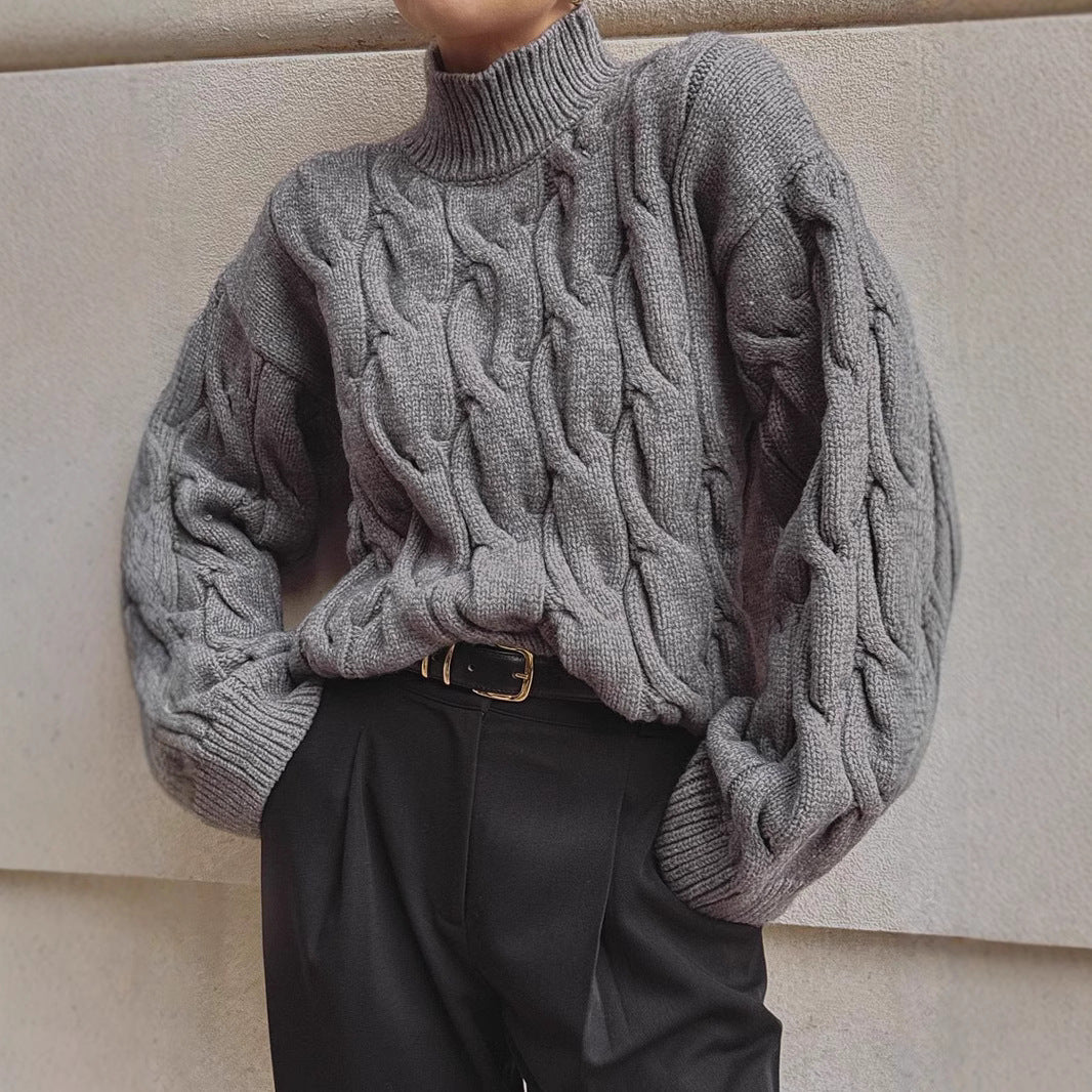 Damen kuscheliger Grobstrickpullover mit hohem Kragen und Zopfdesign Drune