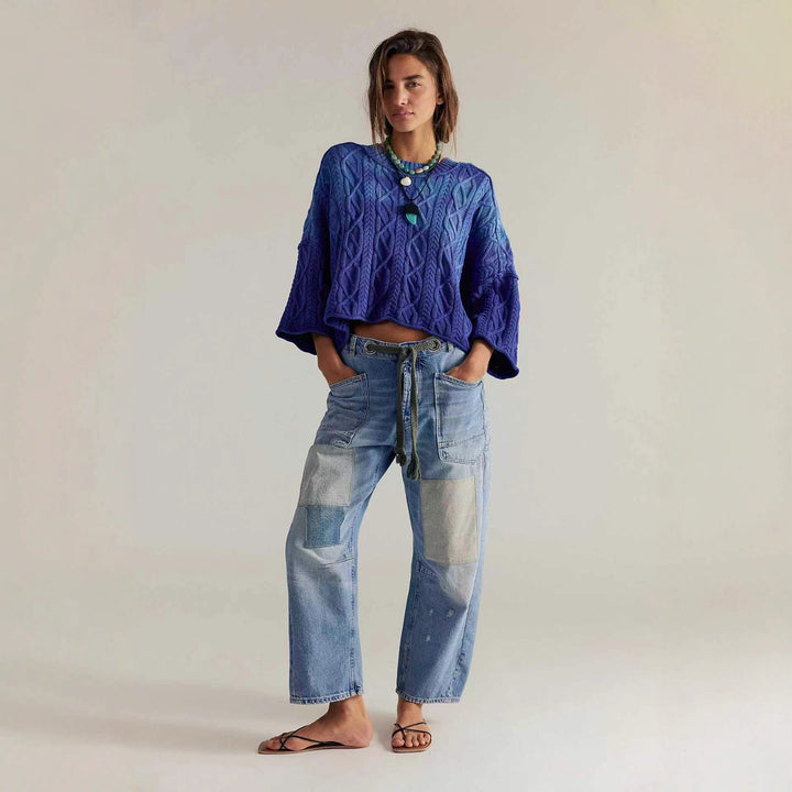 Damen nan hochgeschnittene Jeans im weiten Schnitt mit aufgesetzten Taschen und Kordelzug Drune