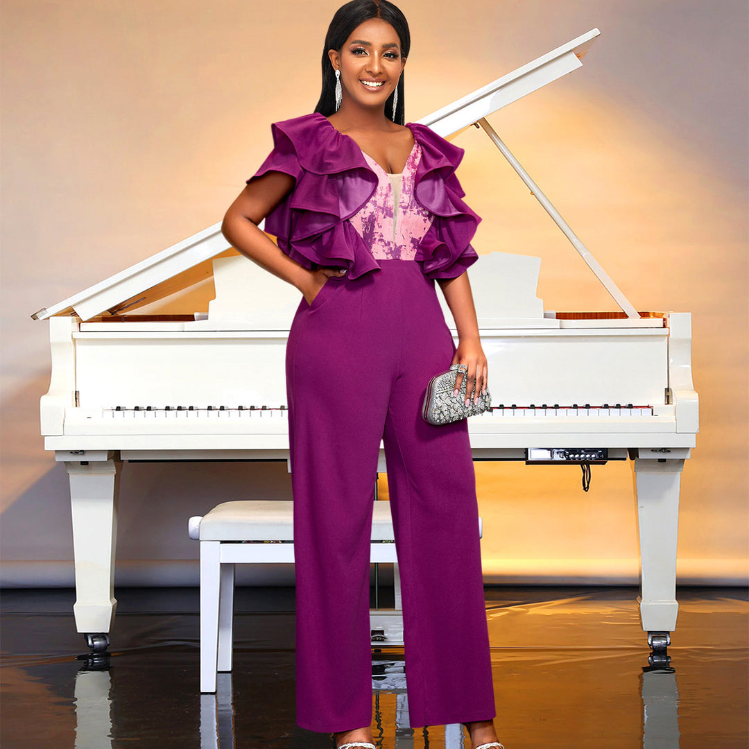 Damen eleganter Jumpsuit mit voluminösen Rüschendetails Drune