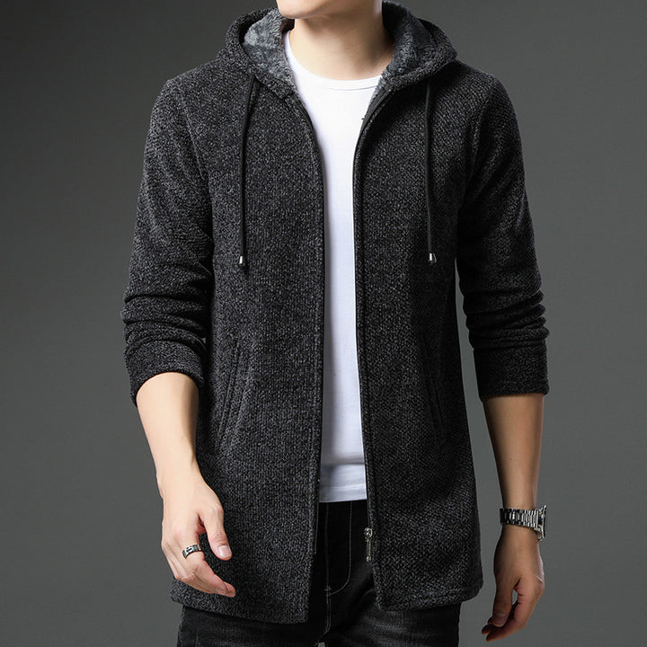 Herren nan urbaner Kapuzen-Strickmantel mit Teddyfutter, verdecktem Reißverschluss und seitlichen Eingrifftaschen Drune