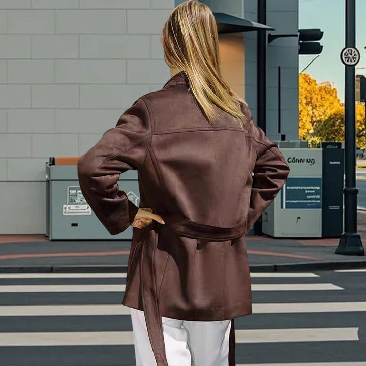 Damen modische Kunstlederjacke mit Taillengürtel und praktischen Taschen Drune