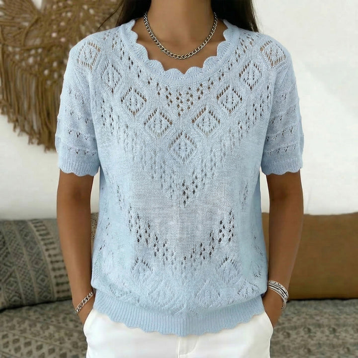 Damen nan kurzärmeliger Spitzenstrickpullover mit Ajourmuster und geschwungenem Ausschnitt Drune