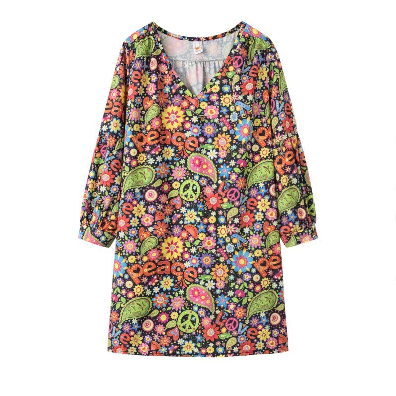 Damen Freizeitkleid mit buntem Blumenmuster und tiefem V-Ausschnitt Drune