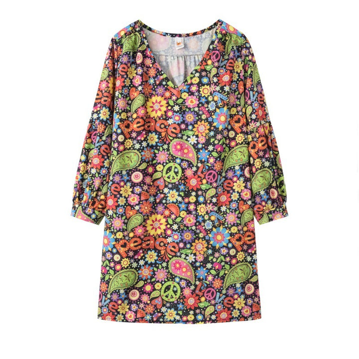 Damen Freizeitkleid mit buntem Blumenmuster und tiefem V-Ausschnitt Drune