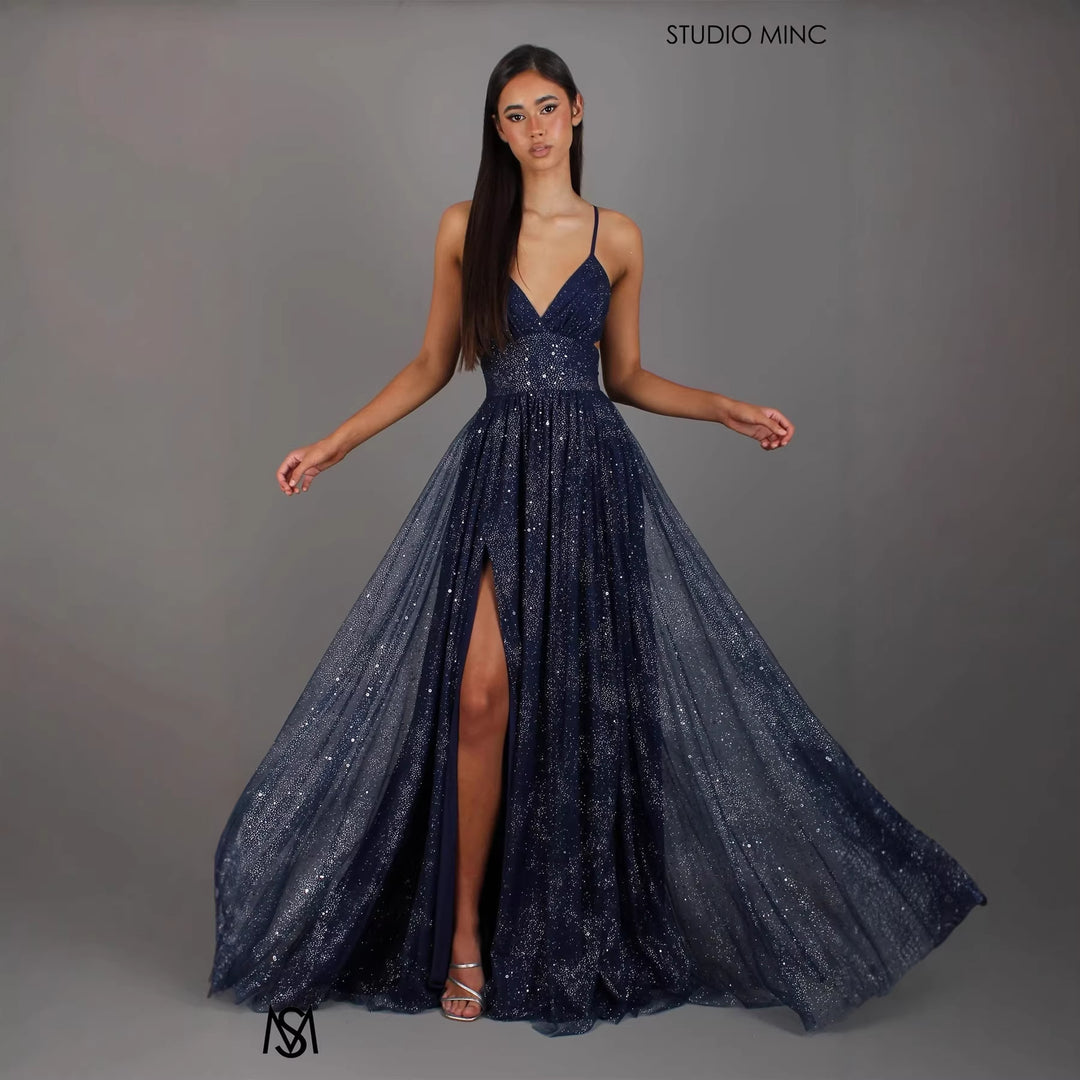 Damen Elegantes Abendkleid mit glamourösem V-Ausschnitt und funkelndem Tüll Drune