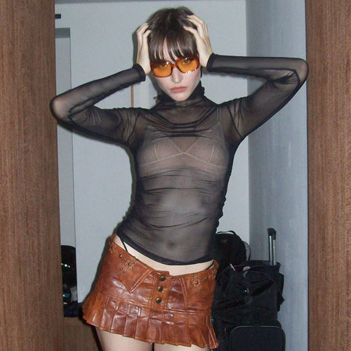 Damen trendiges, transparentes Longsleeve-Oberteil mit Stehkragen und Designfalten Drune