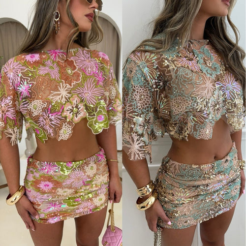 Damen Schimmerndes Mini-Kleid mit floralen Applikationen und transparenten Details Drune