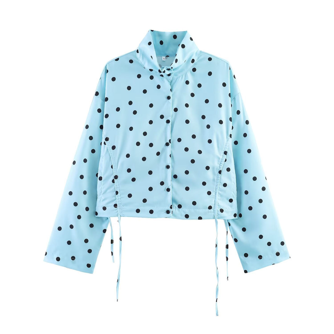 Damen nan kurz geschnittene gepunktete Regenjacke mit Stehkragen, Druckknopfleiste und Kordelzug Drune
