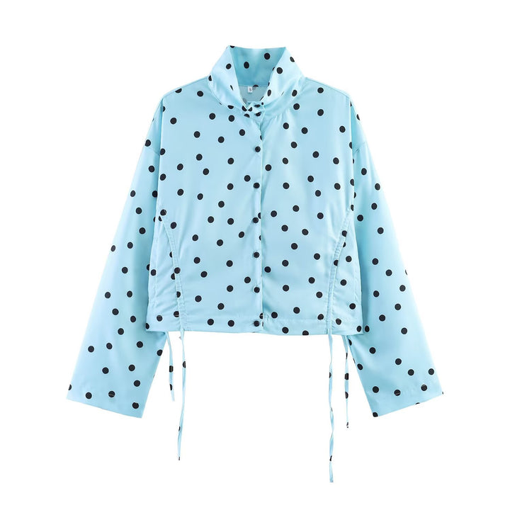 Damen nan kurz geschnittene gepunktete Regenjacke mit Stehkragen, Druckknopfleiste und Kordelzug Drune