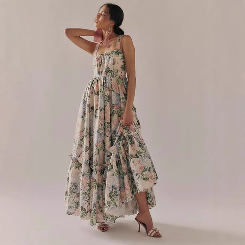 Damen luftiges Blumenkleid mit Spitzeneinsätzen und verstellbaren Trägern Drune