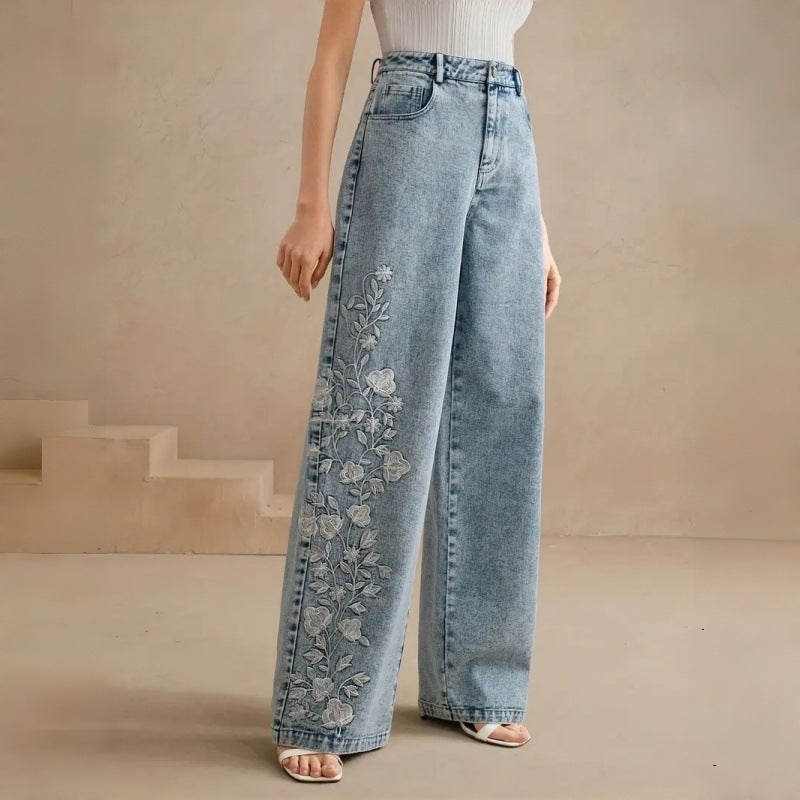 Damen Weitgeschnittene Jeans mit floralem Stickdesign Drune