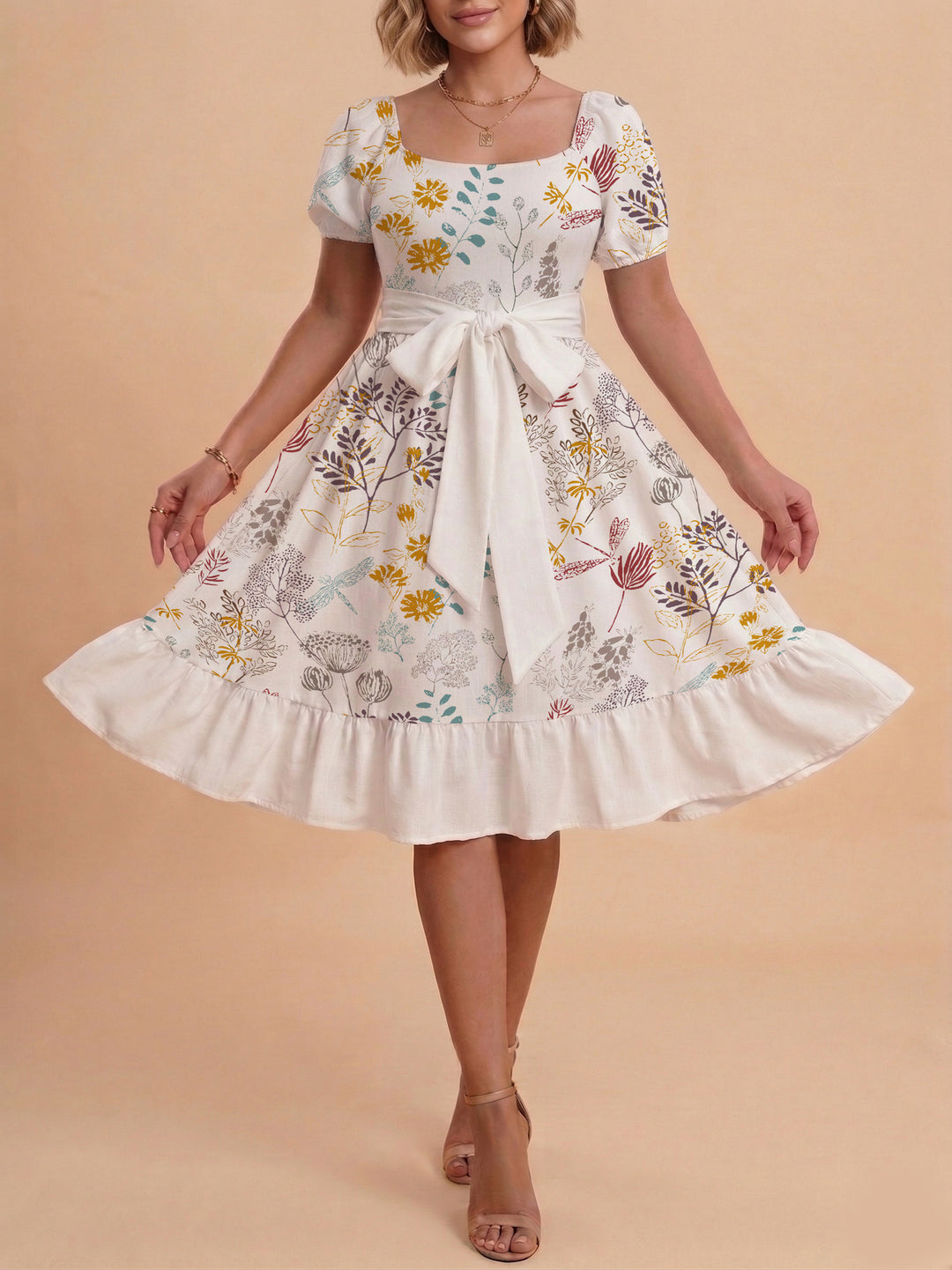 Damen modernes Blumenkleid mit elegantem Taillengürtel und asymmetrischem Saum Drune