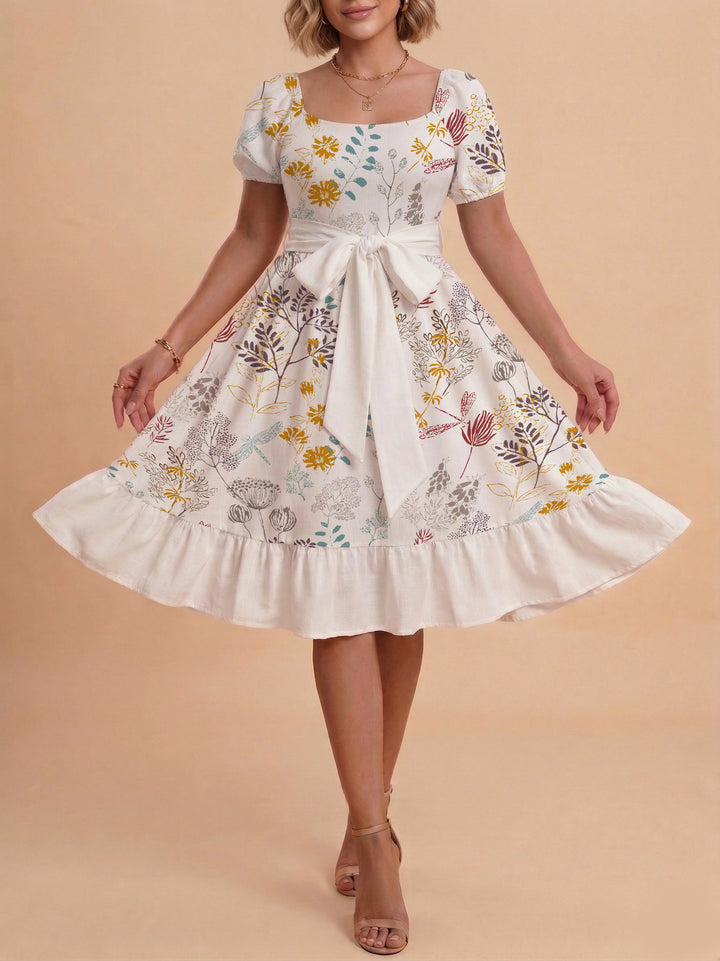 Damen modernes Blumenkleid mit elegantem Taillengürtel und asymmetrischem Saum Drune